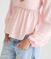 Long Sleeve Lace & Pleats V-Neck Peasant Top
