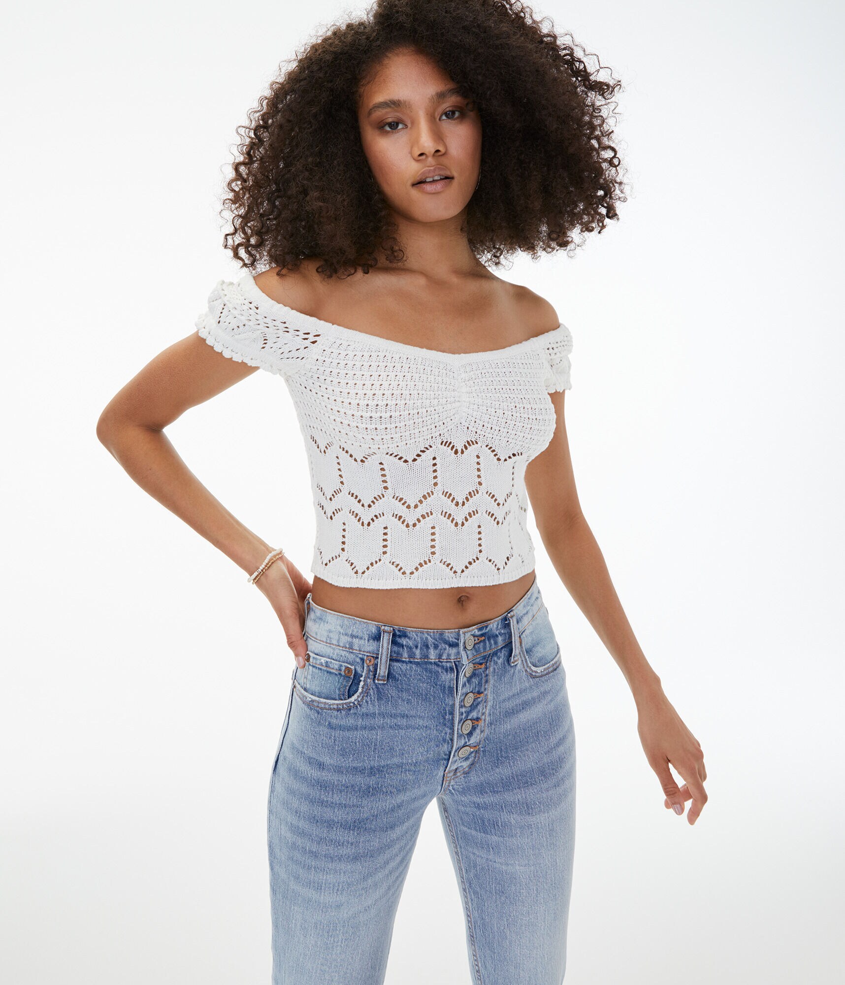 Crocheted Off-The-Shoulder Crop Top