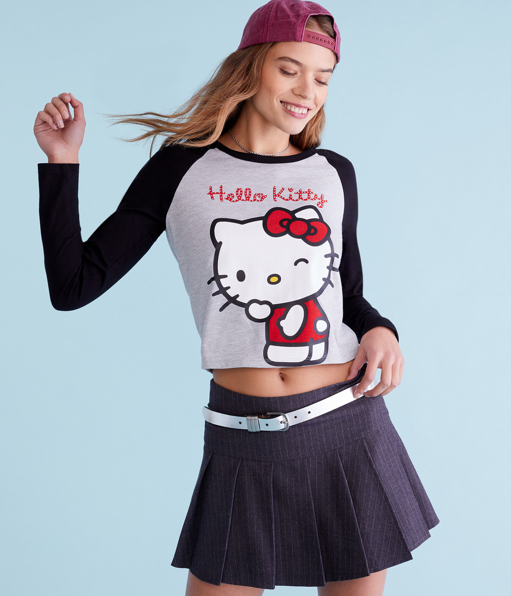 Hello Kitty Long Sleeve Rhinestone Cropped Raglan Tee