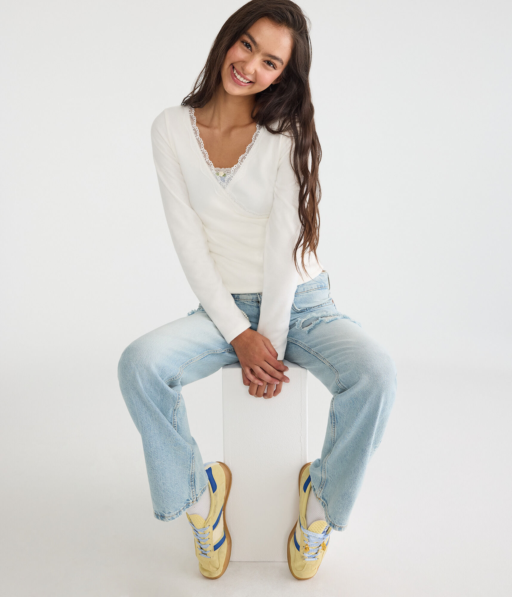Long Sleeve Crossover Lace V-Neck Tee
