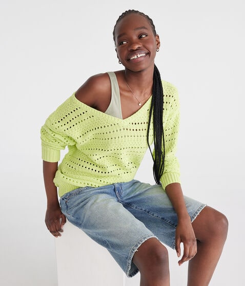 Solid Open-Knit V-Neck Sweater Solid Open-Knit V-Neck Sweater