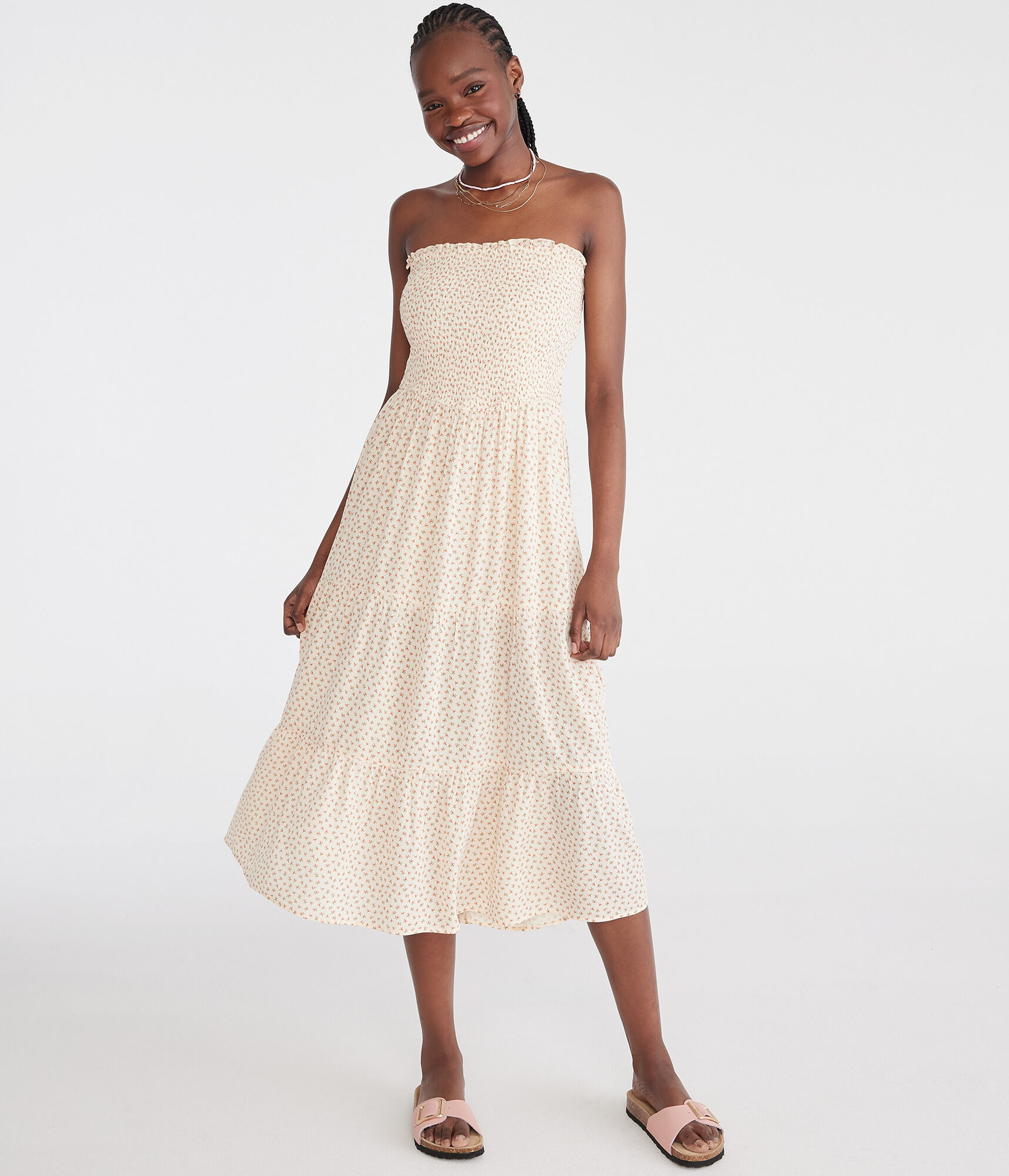 smocked strapless maxi dress Gingham Cameo Boutique Maxi length Double Zero Strapless Smocked Tiered