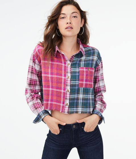 Mixed Plaid Cropped Button-Down Shirt Mixed Plaid Cropped Button-Down Shirt