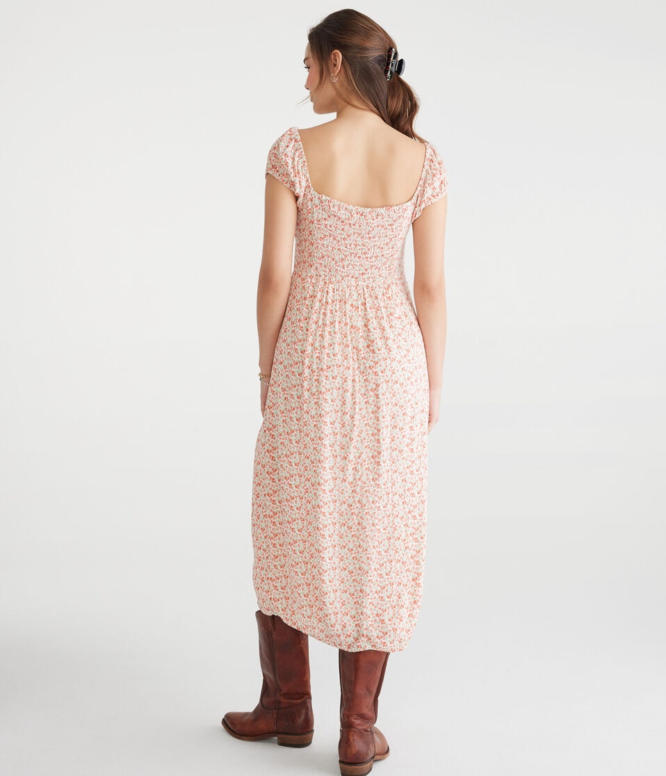 Floral Scoop-Neck Tie-Front Midi Dress