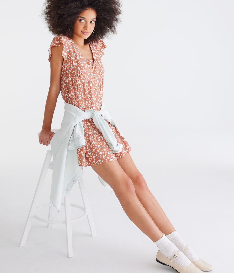 Floral Scoop-Neck Buttoned Babydoll Dress