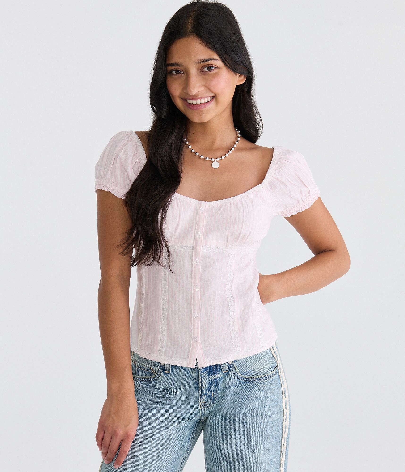 Striped Button-Front Scoop-Neck Blouse