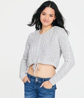 Hooded Cable-Knit Cropped Sweater