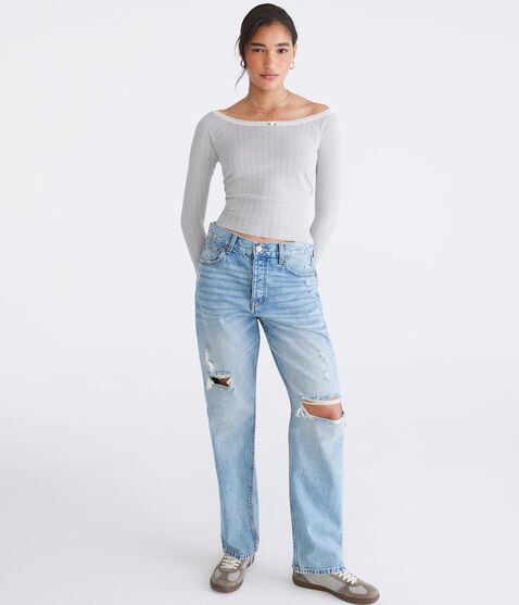 Long Sleeve Pointelle Open-Neck Tee Long Sleeve Pointelle Open-Neck Tee