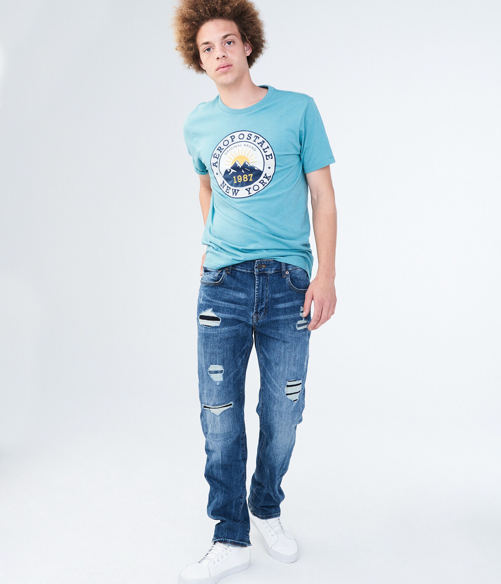 Straight Medium Wash Destroyed Stretch Jean