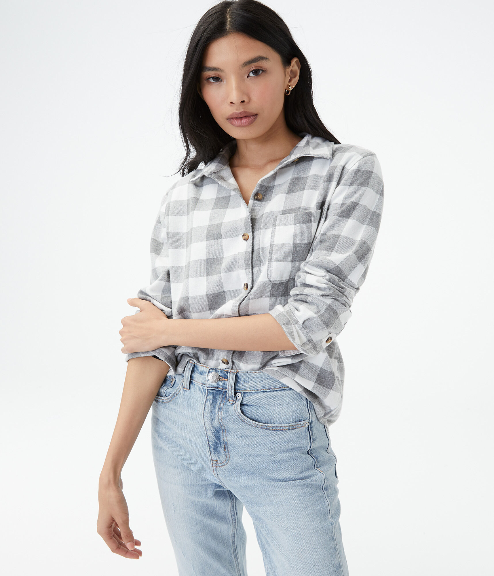 Long Sleeve Plaid Flannel Boyfriend Button-Down Shirt