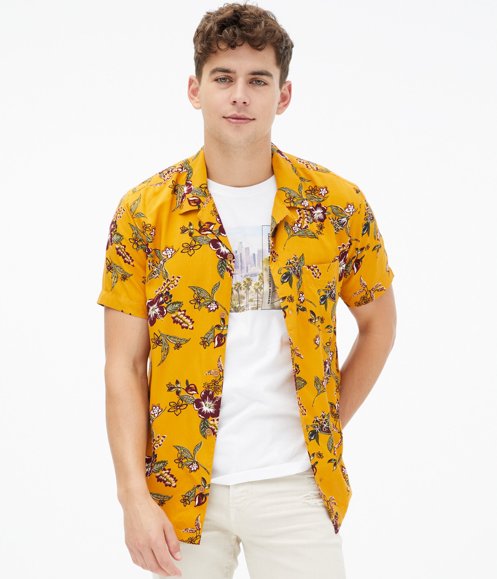 Tropical Floral Button-Down Camp Shirt