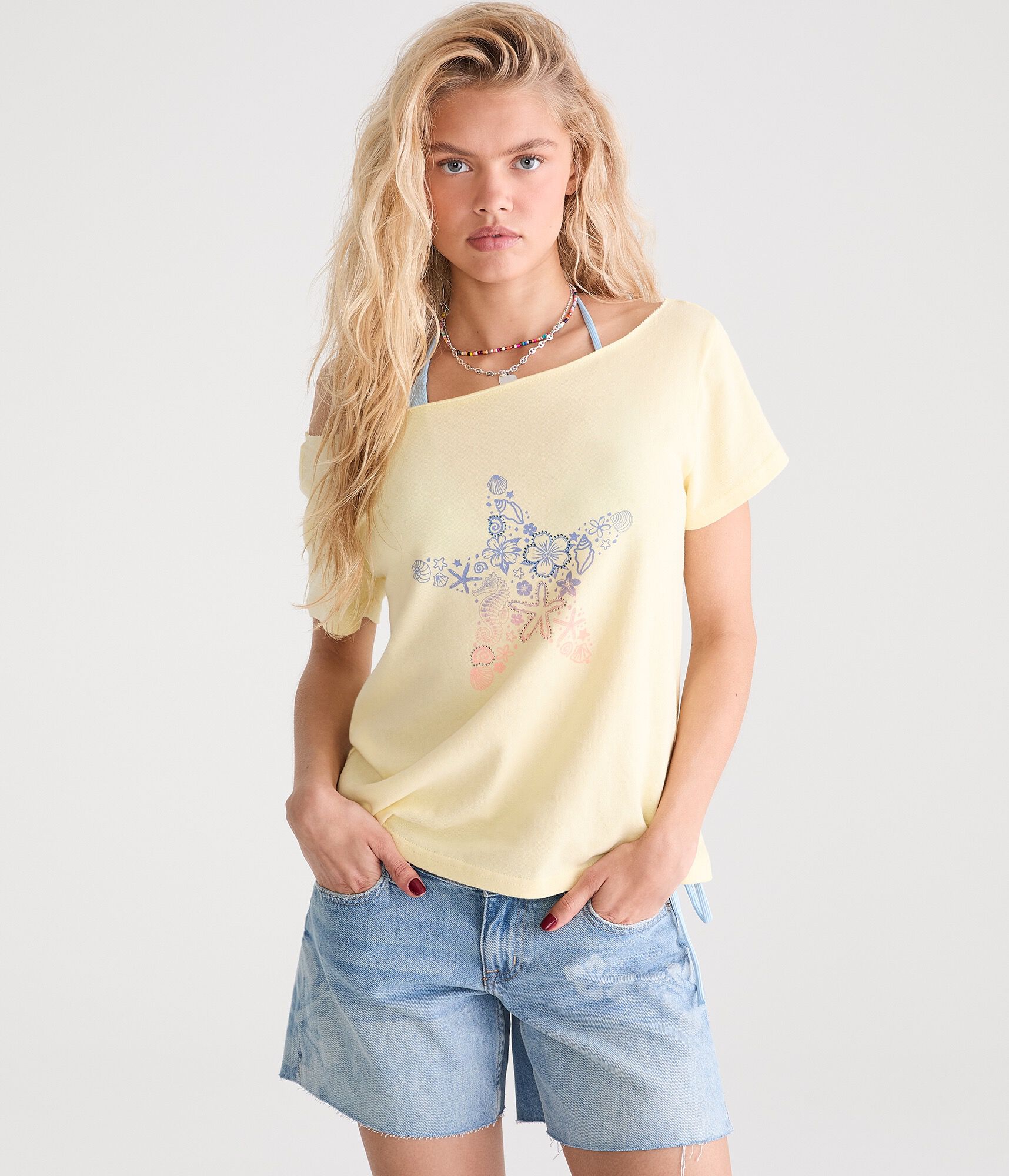 Seriously Soft Rhinestone Starfish Off-The-Shoulder Vintage Fit Tee