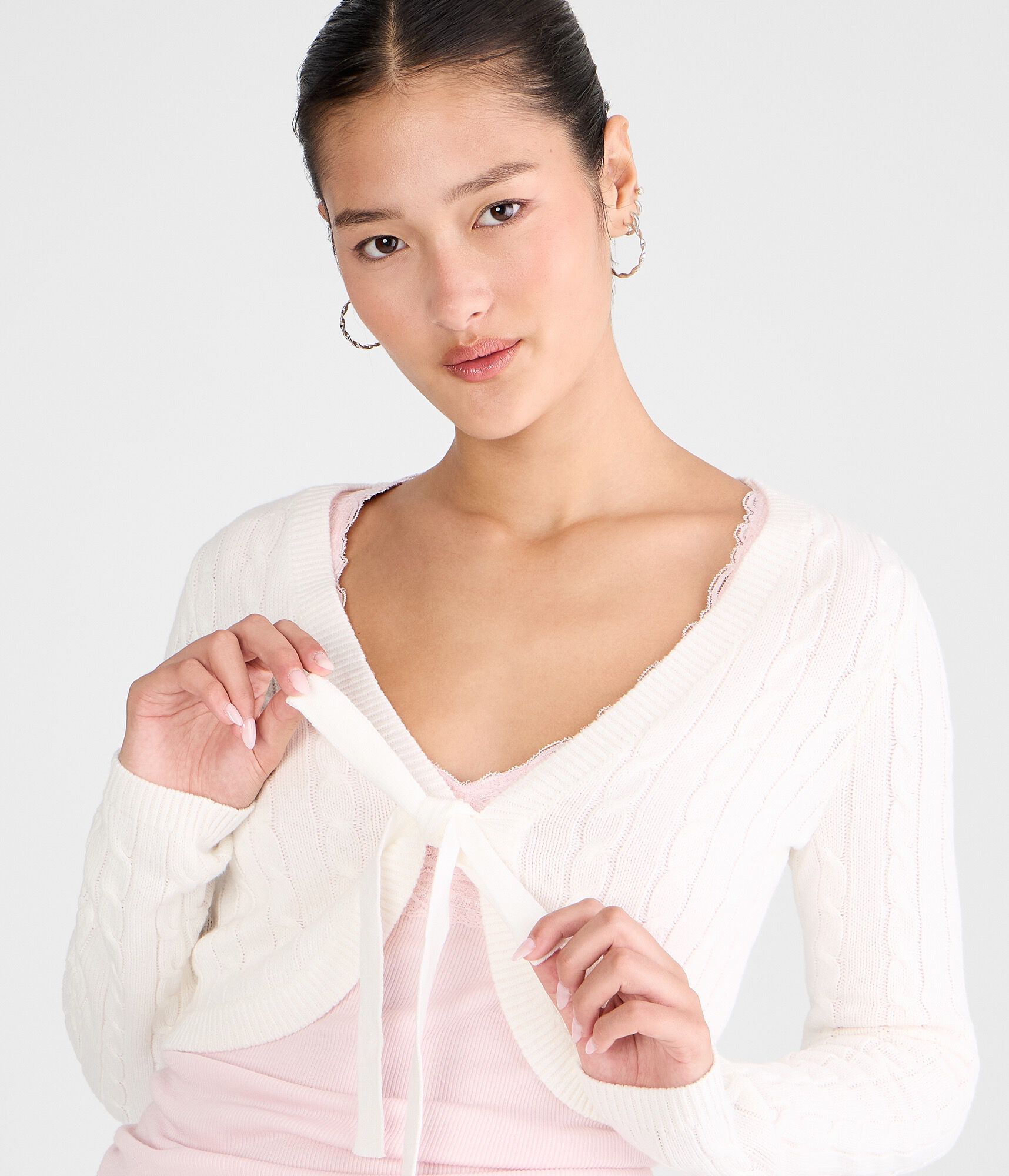 Long Sleeve Cable Tie-Front Sweater Shrug