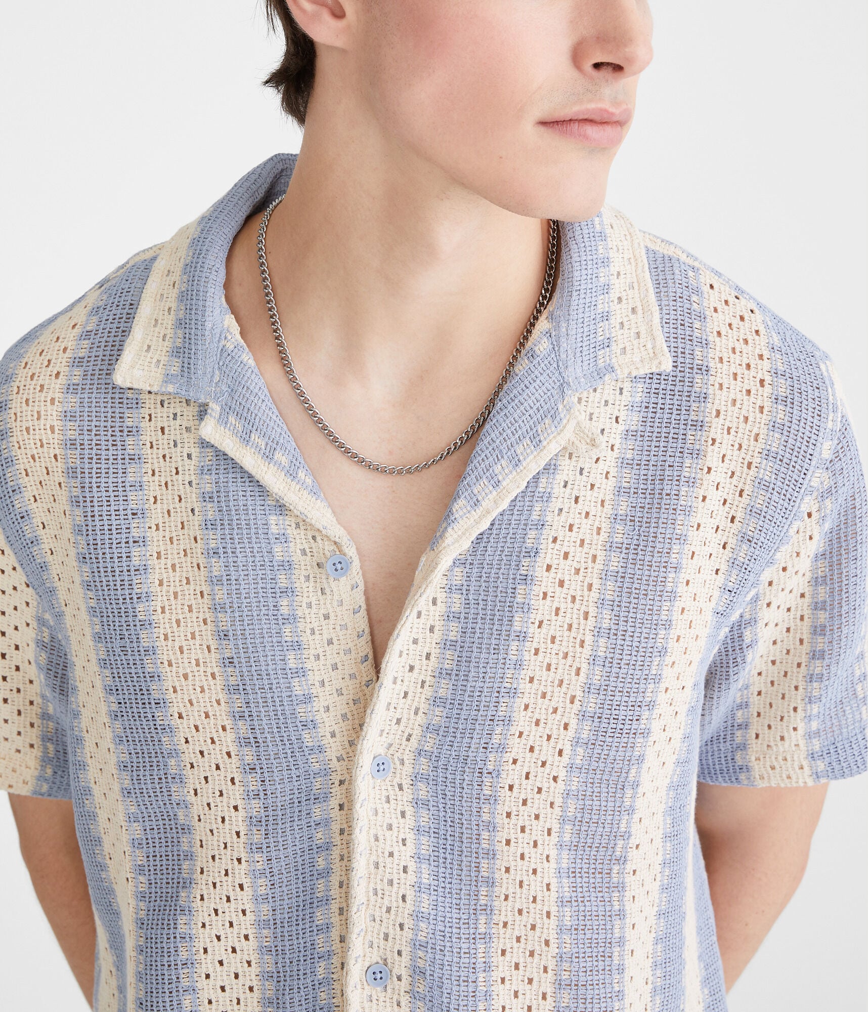 Short Sleeve Crocheted Stripe Shirt
