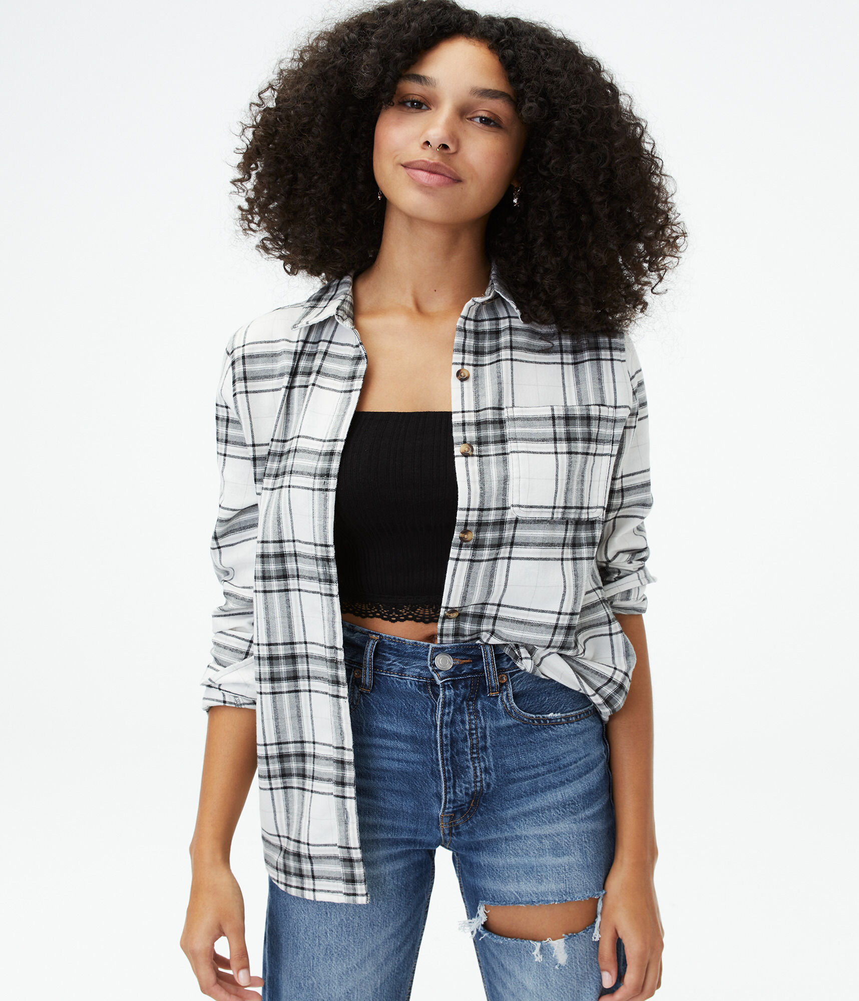 Long Sleeve Plaid Flannel Boyfriend Button-Down Shirt