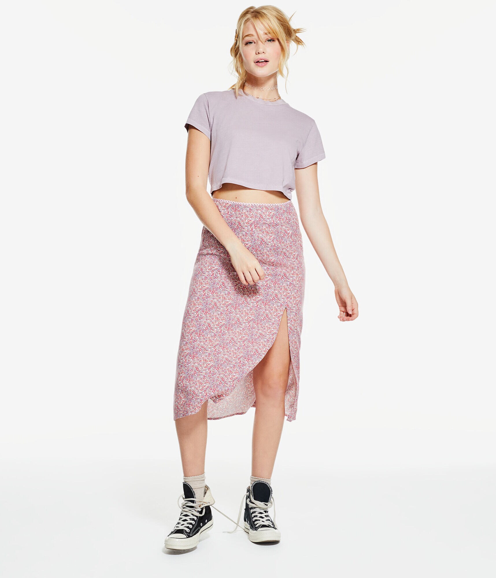 Floral High-Waisted Slip Midi Skirt