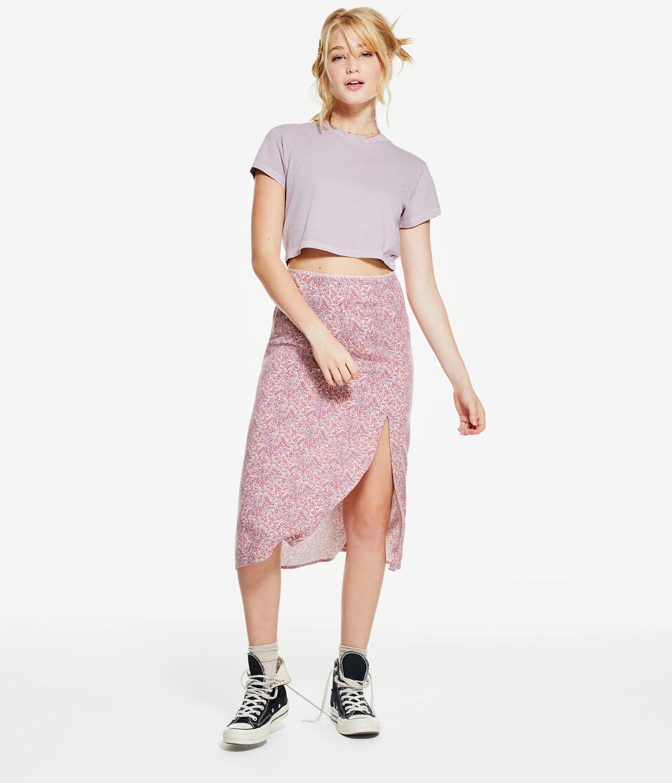 Floral High-Waisted Slip Midi Skirt