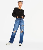 Waffle-Knit Cropped Henley Sweater