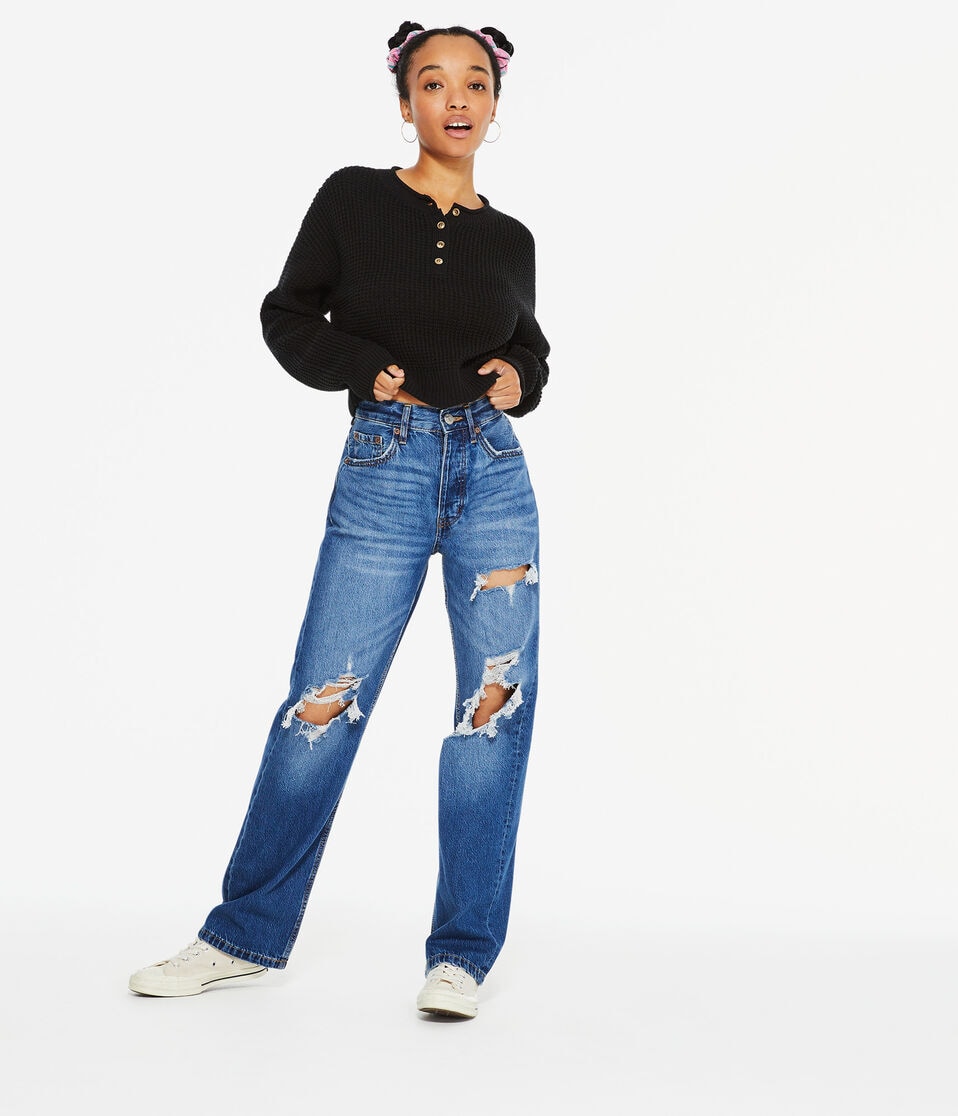 Waffle-Knit Cropped Henley Sweater