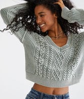 Slouchy Cable-Knit Cropped V-Neck Sweater
