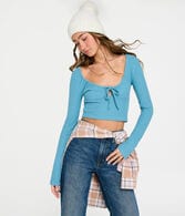 Long Sleeve Tie-Front Cropped Shrunken Tee