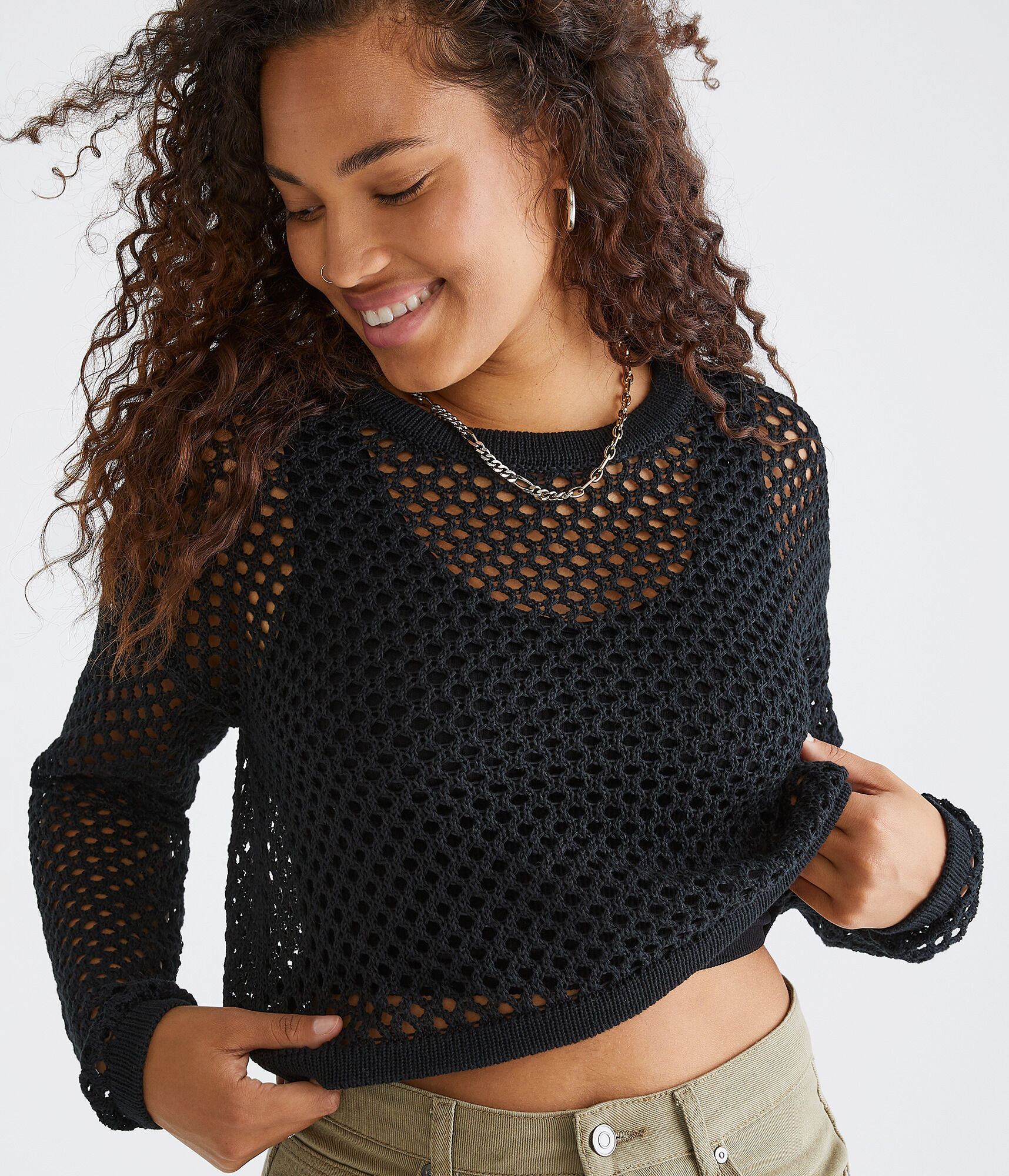 Mesh Cropped Crew Sweater