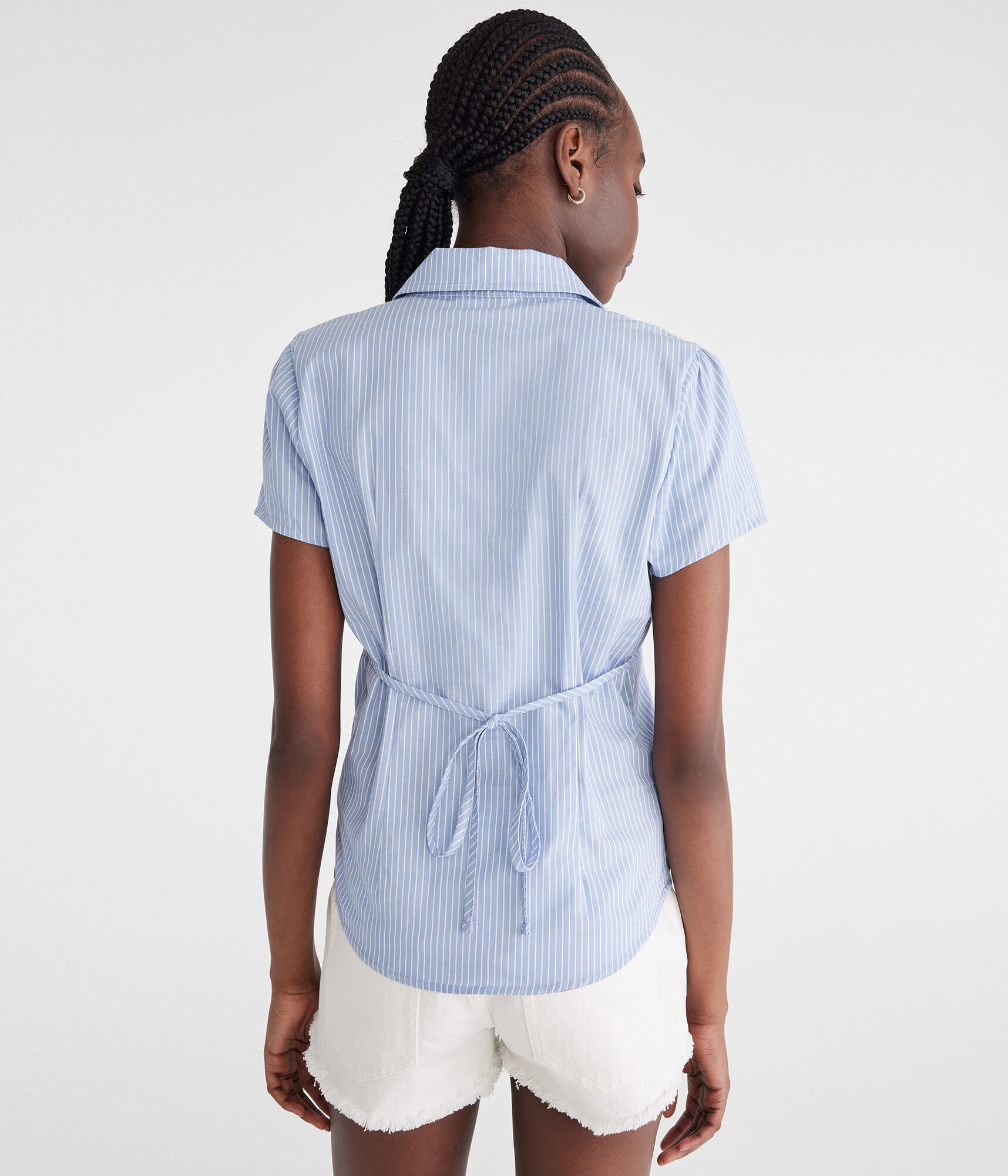 Short Sleeve Striped Poplin Tie-Back Shirt