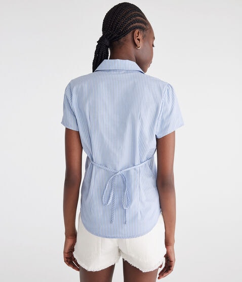 Short Sleeve Striped Poplin Tie-Back Shirt Short Sleeve Striped Poplin Tie-Back Shirt