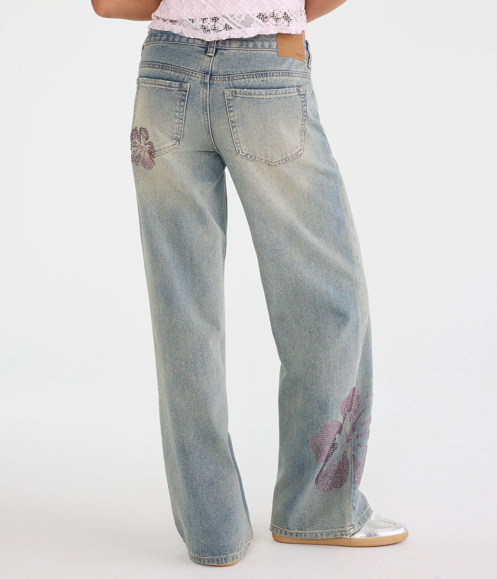 Low-Rise Baggy Wide Leg Rhinestone Flower Jean