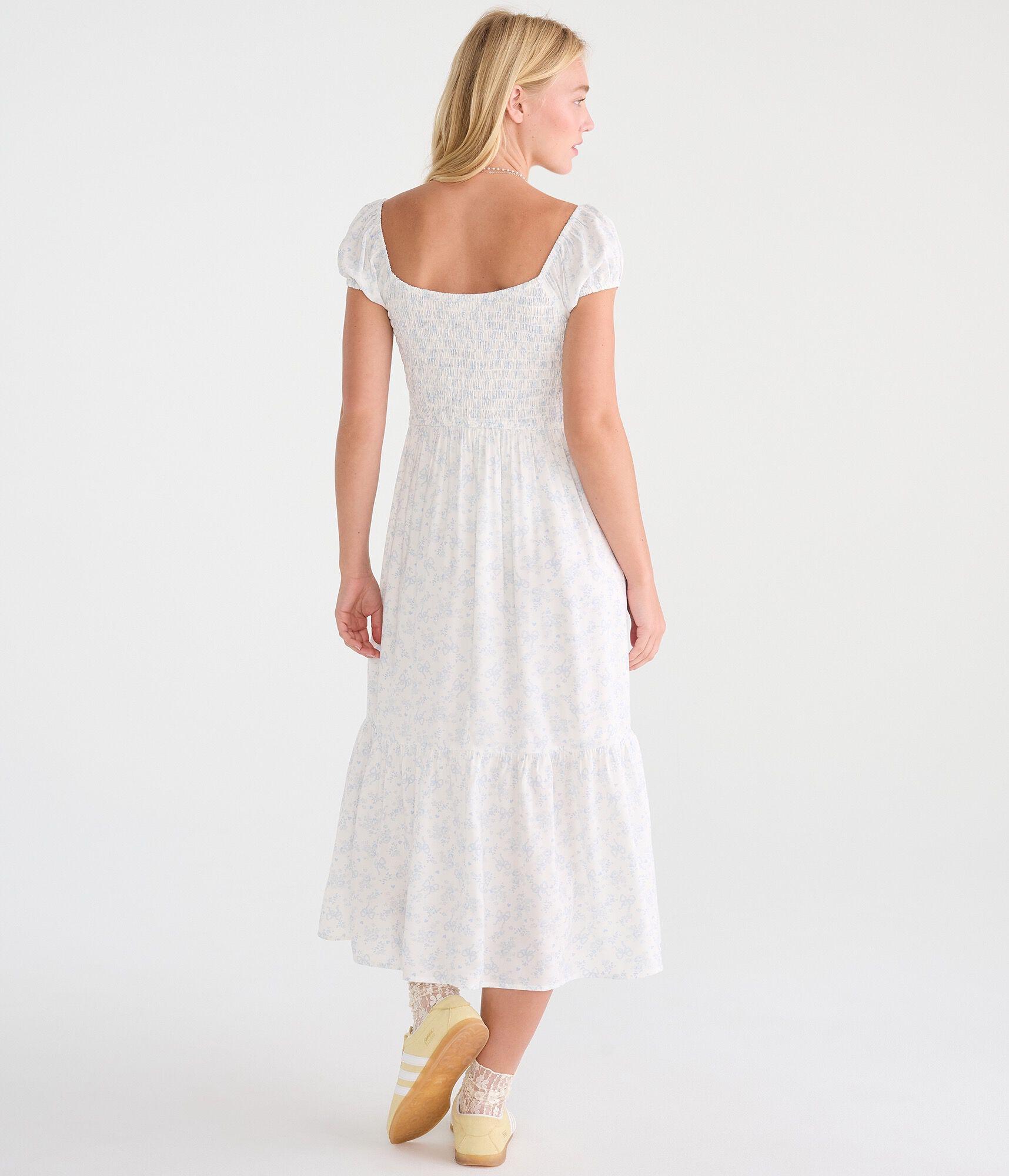 Floral Bow Print Sweetheart Midi Dress