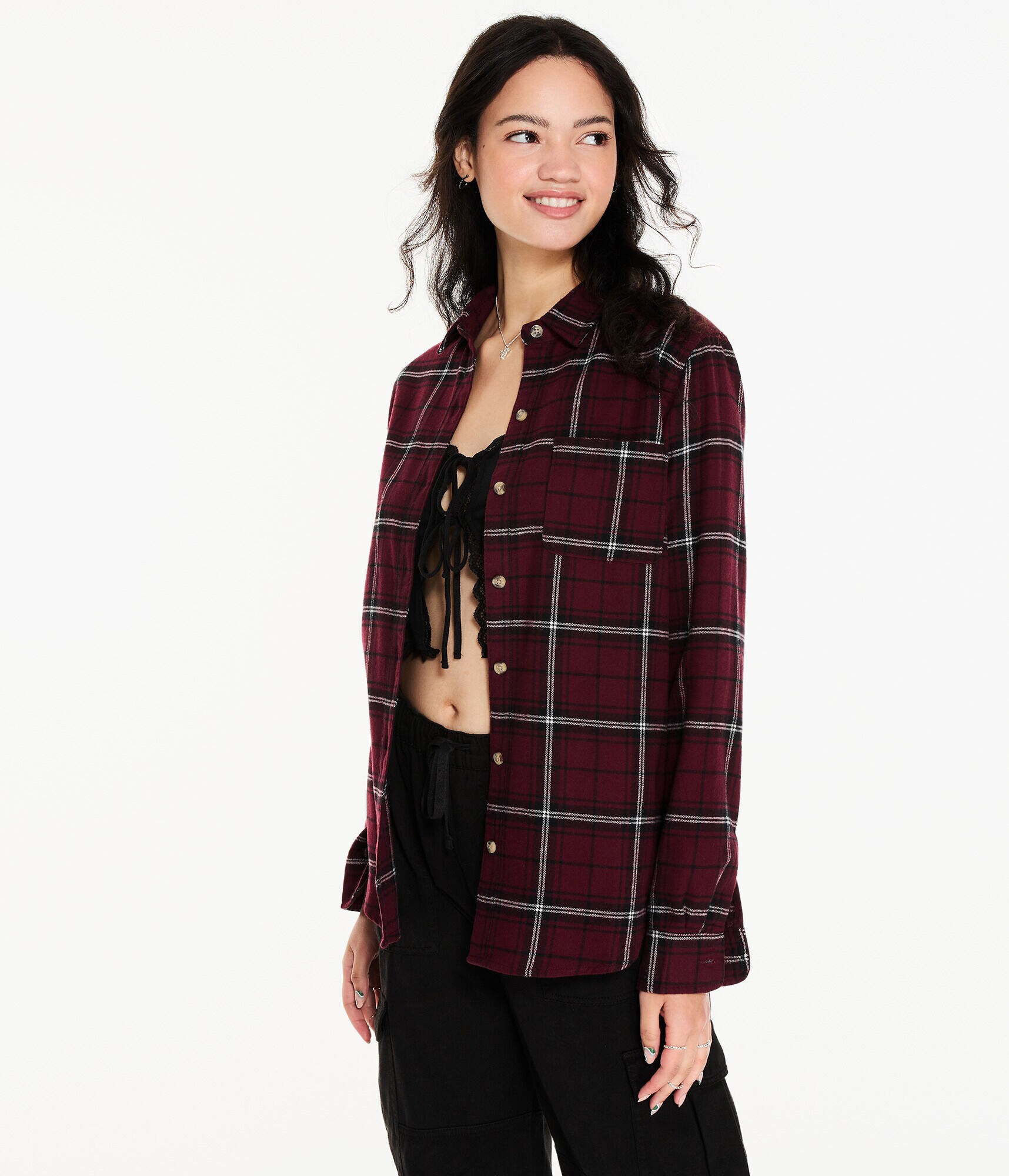 Long Sleeve Oversized Plaid Flannel Button-Down Shirt
