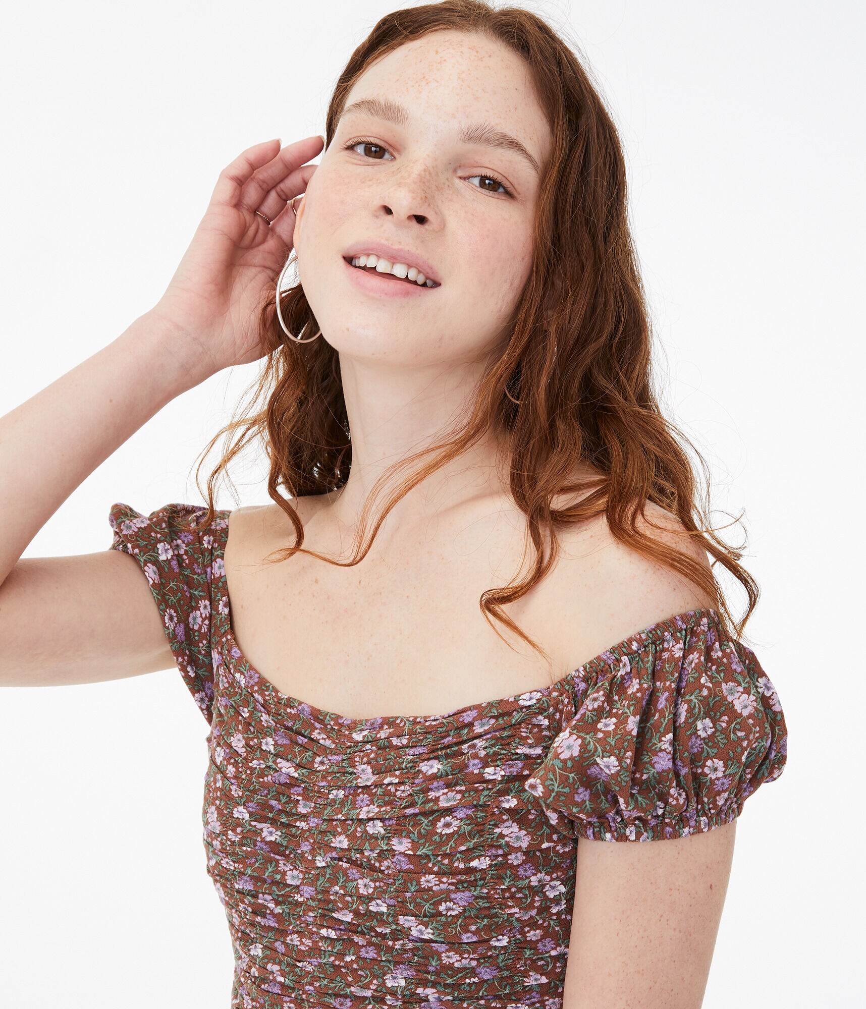 Floral Ruched Off-The-Shoulder Crop Top