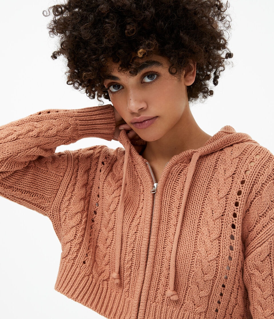 Cable-Knit Hooded Full-Zip Cropped Cardigan