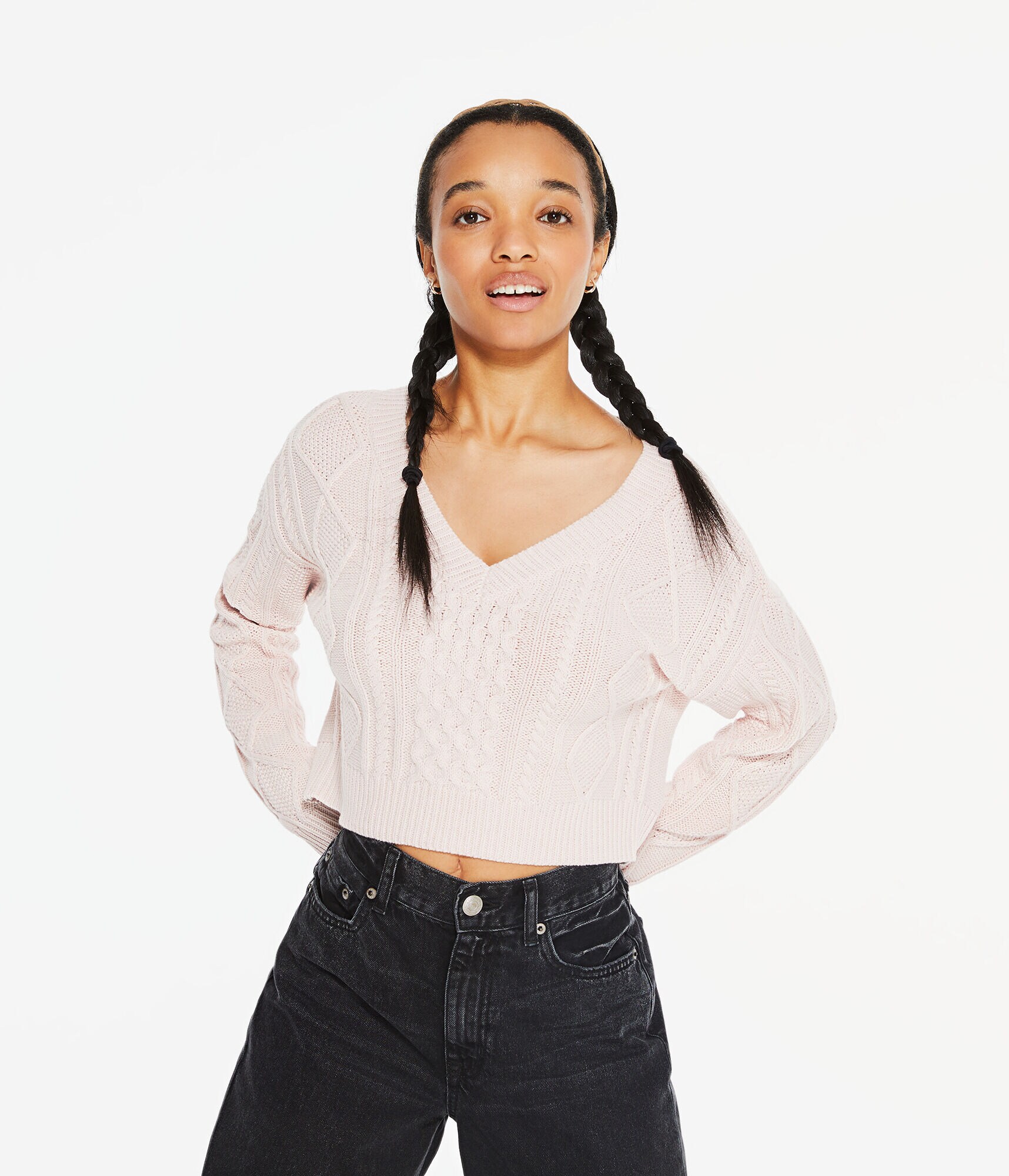 Cable-Knit Cropped V-Neck Sweater