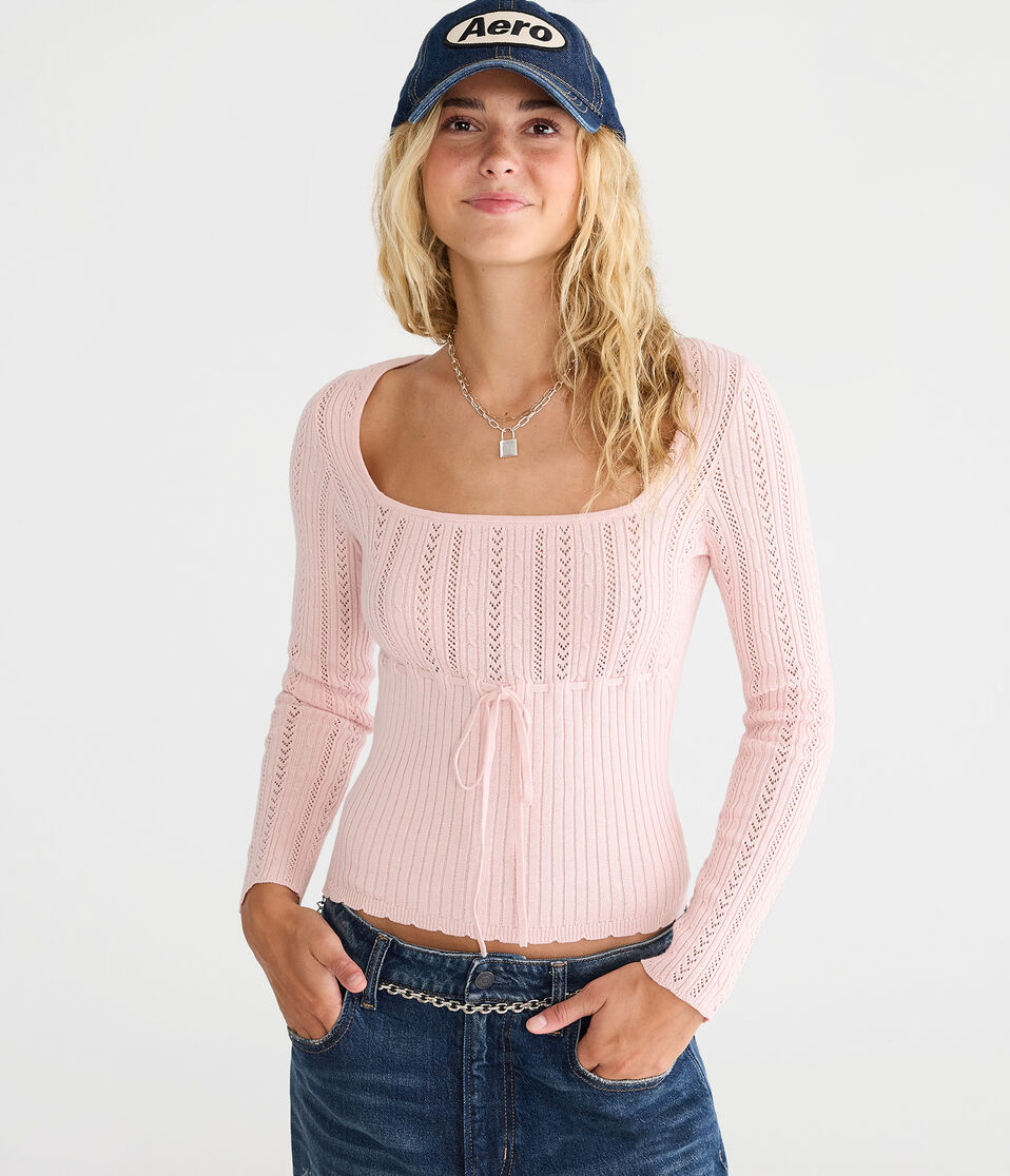 Pointelle Tie-Front Square-Neck Sweater