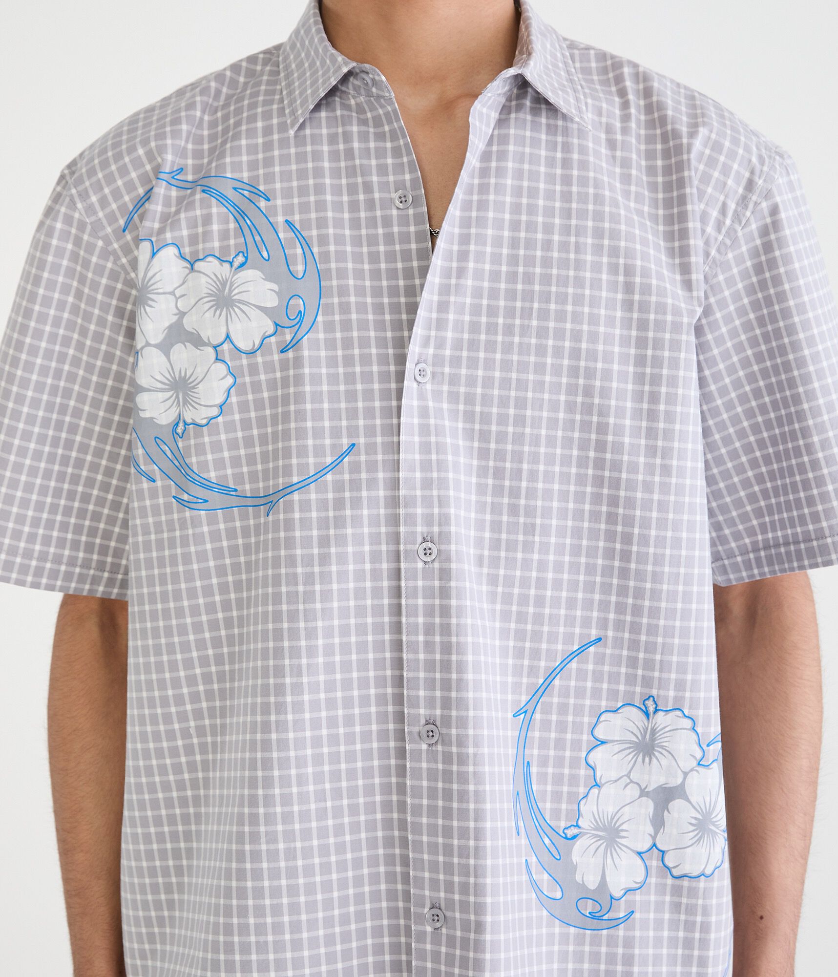 Floral Tattoo Microplaid Boxy Shirt