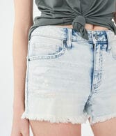High-Rise Bleach Splatter Denim Midi Shorts