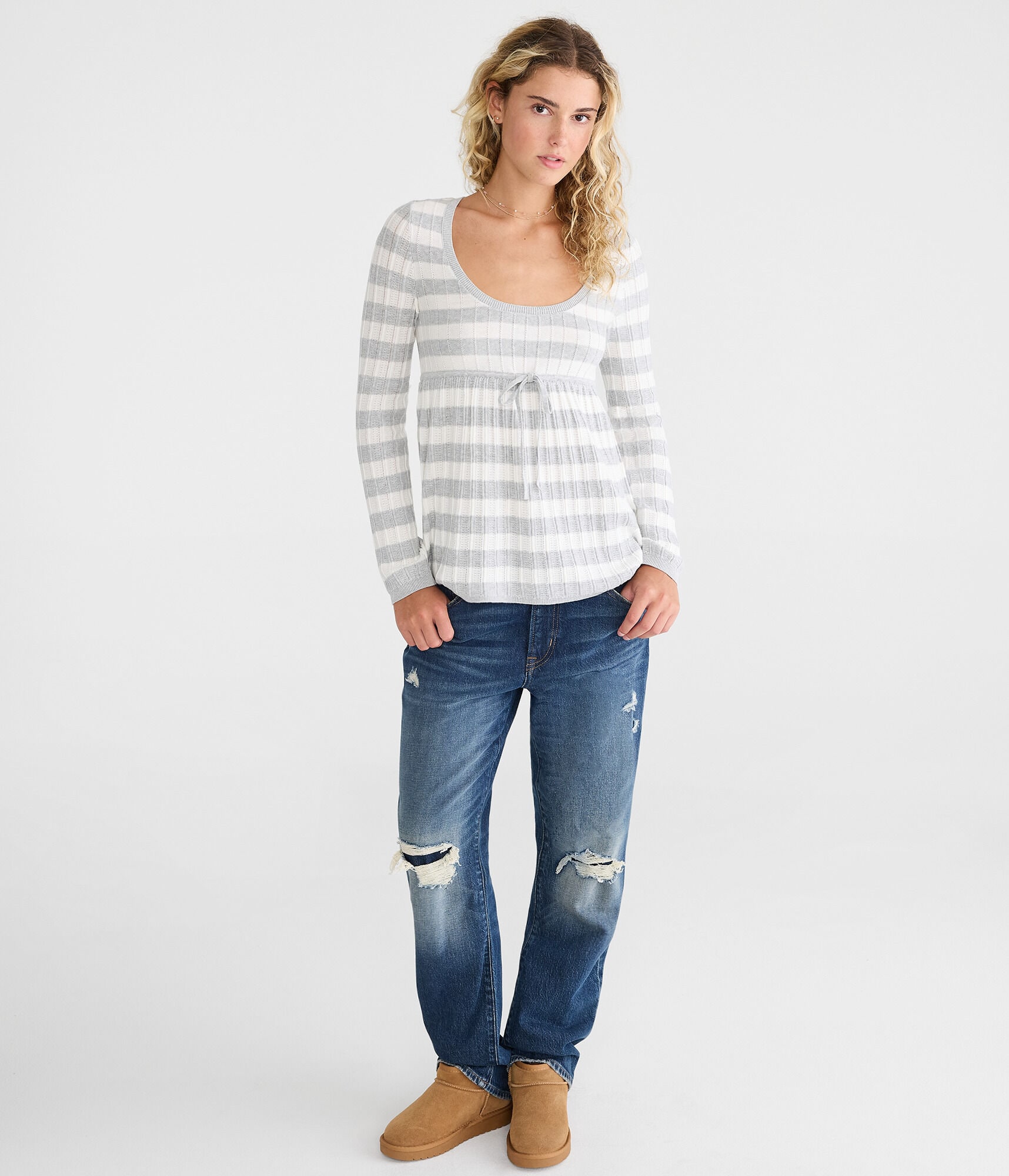Striped Rib Scoop-Neck Babydoll Sweater