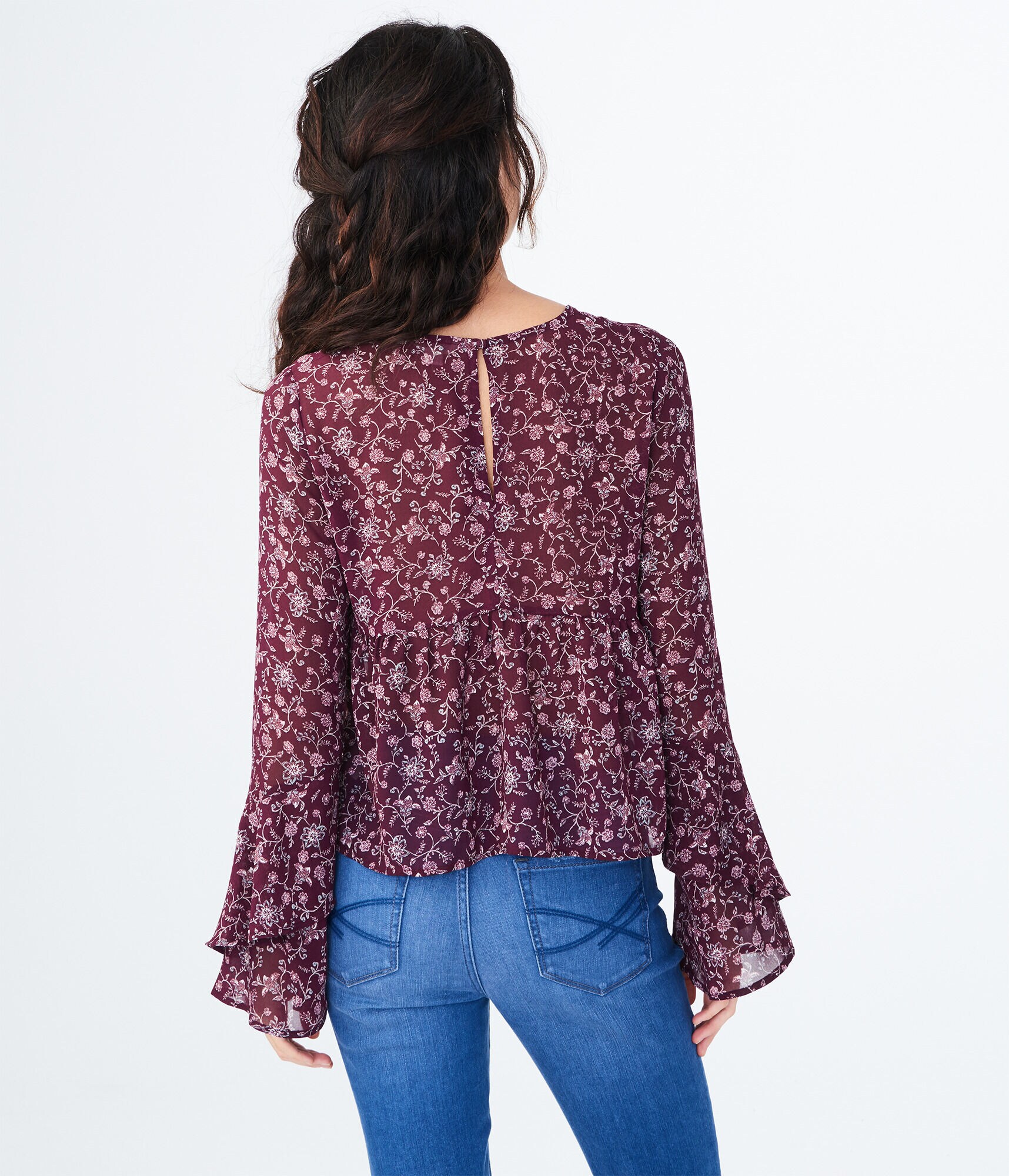 Long Bell Sleeve Floral Ruffle Top