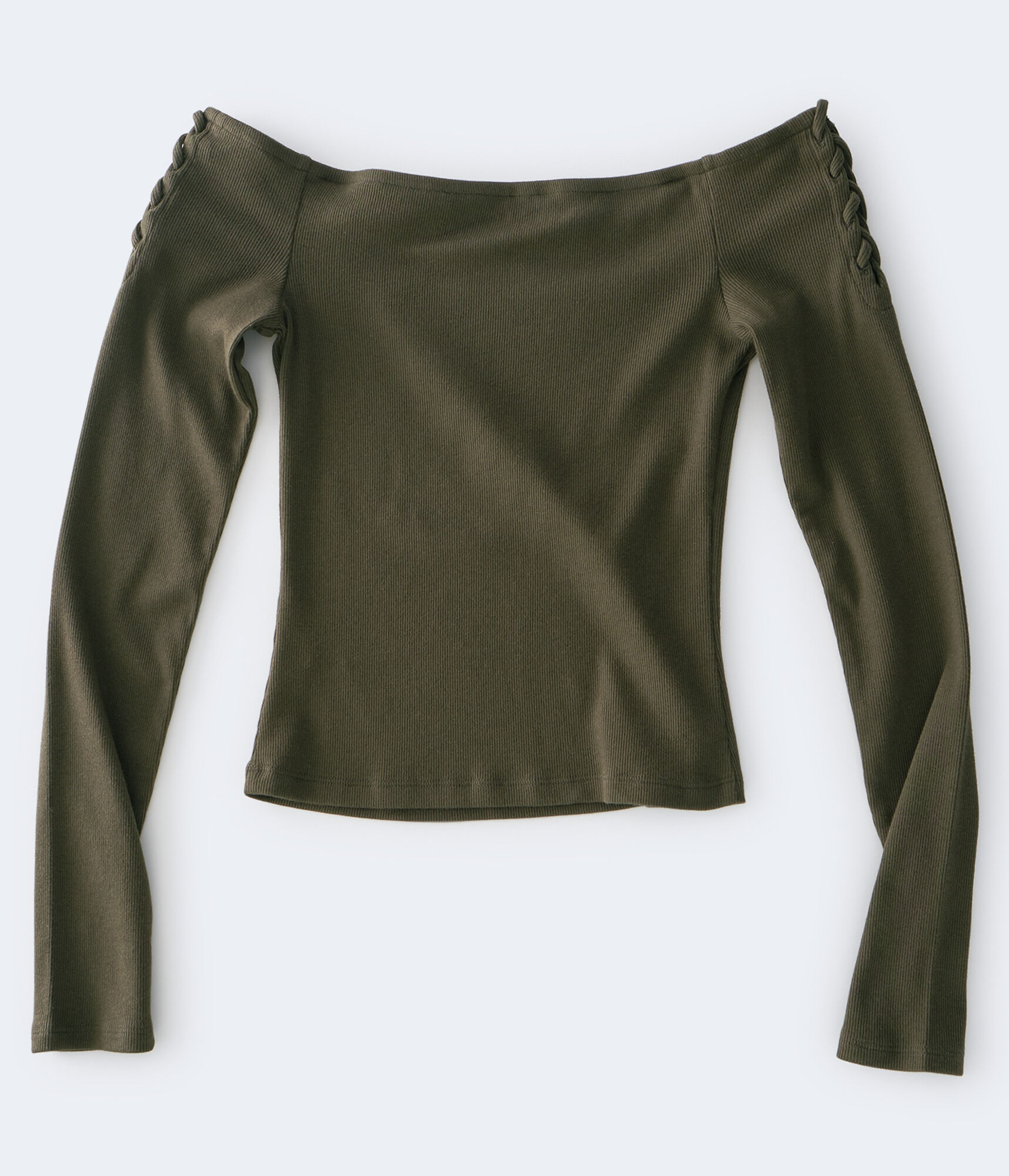 Long Sleeve Ribbed Lace-Up Off-The-Shoulder Top***