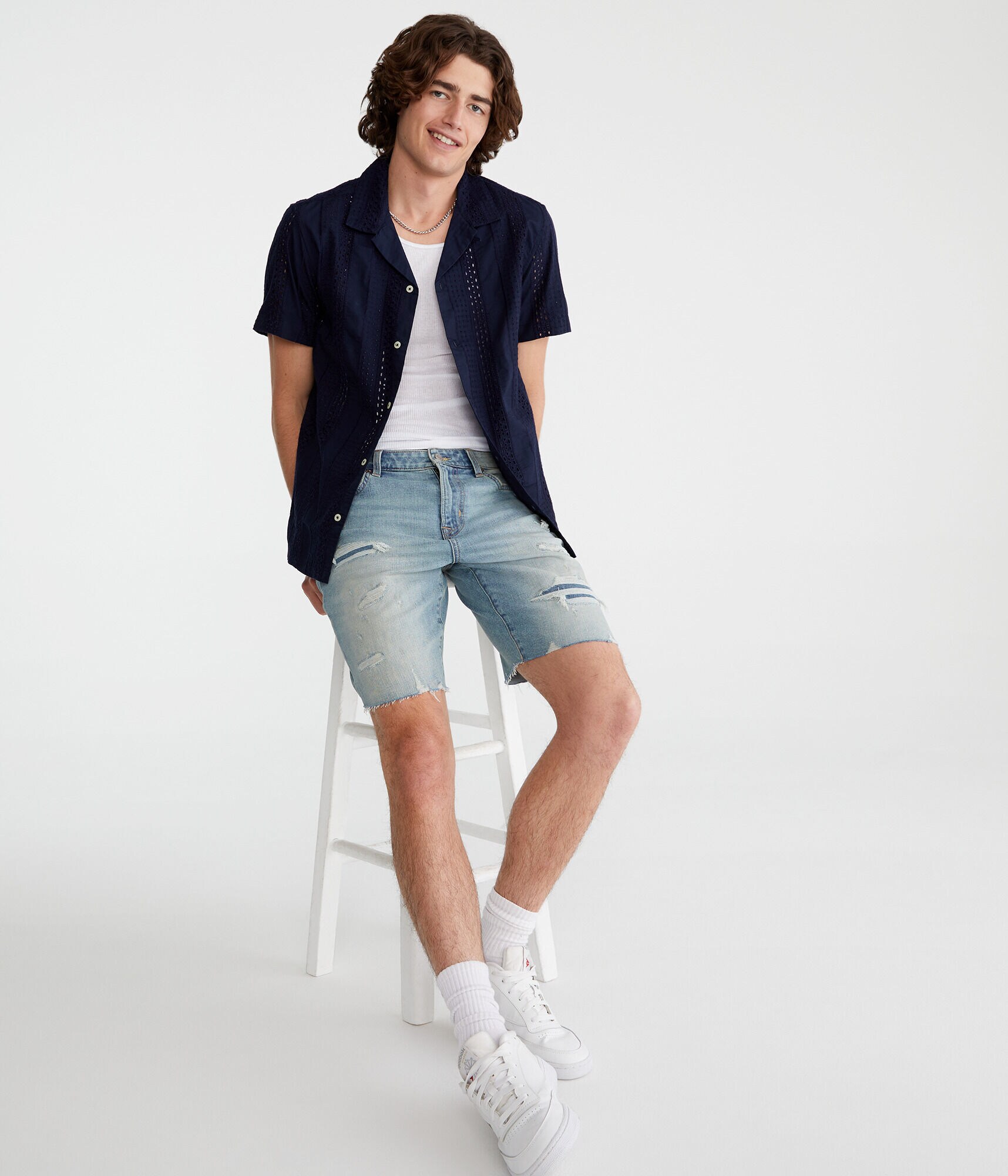 Short Sleeve Textured Eyelet Shirt