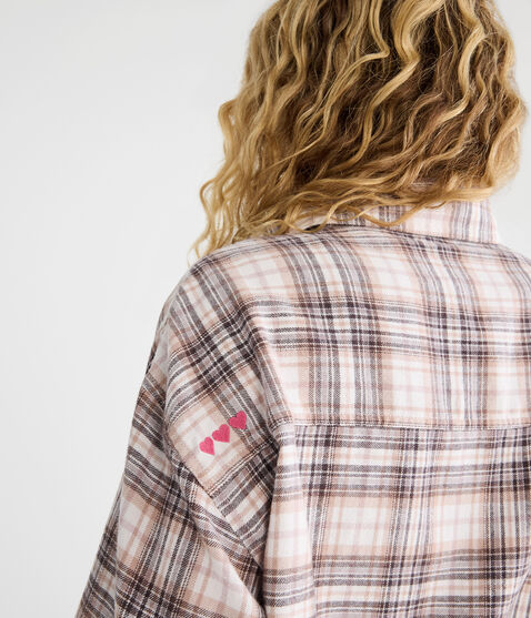Long Sleeve Embroidered Hearts Plaid Flannel Shirt Long Sleeve Embroidered Hearts Plaid Flannel Shirt