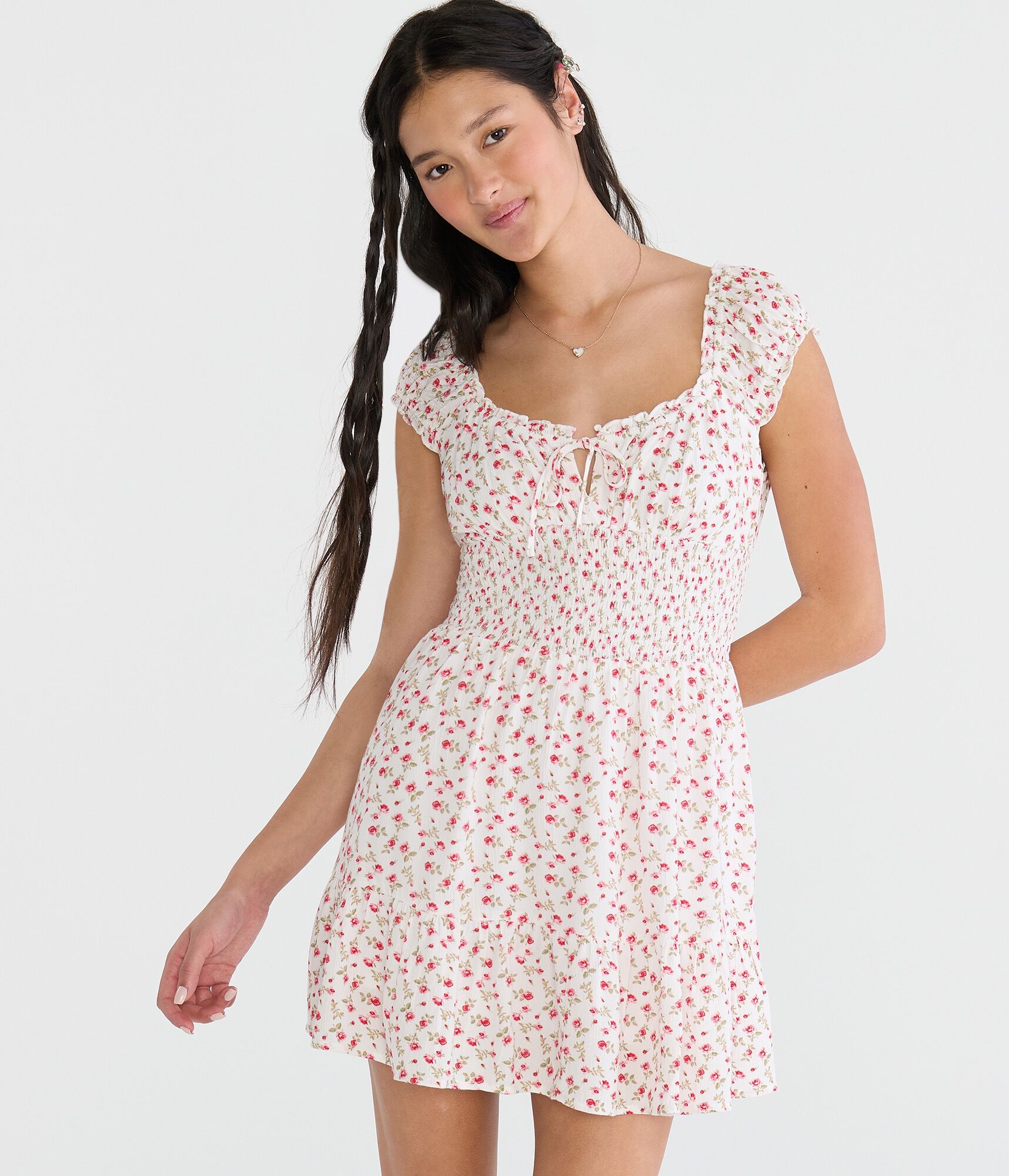 Floral Square-Neck Smocked Fit &amp; Flare Mini Dress