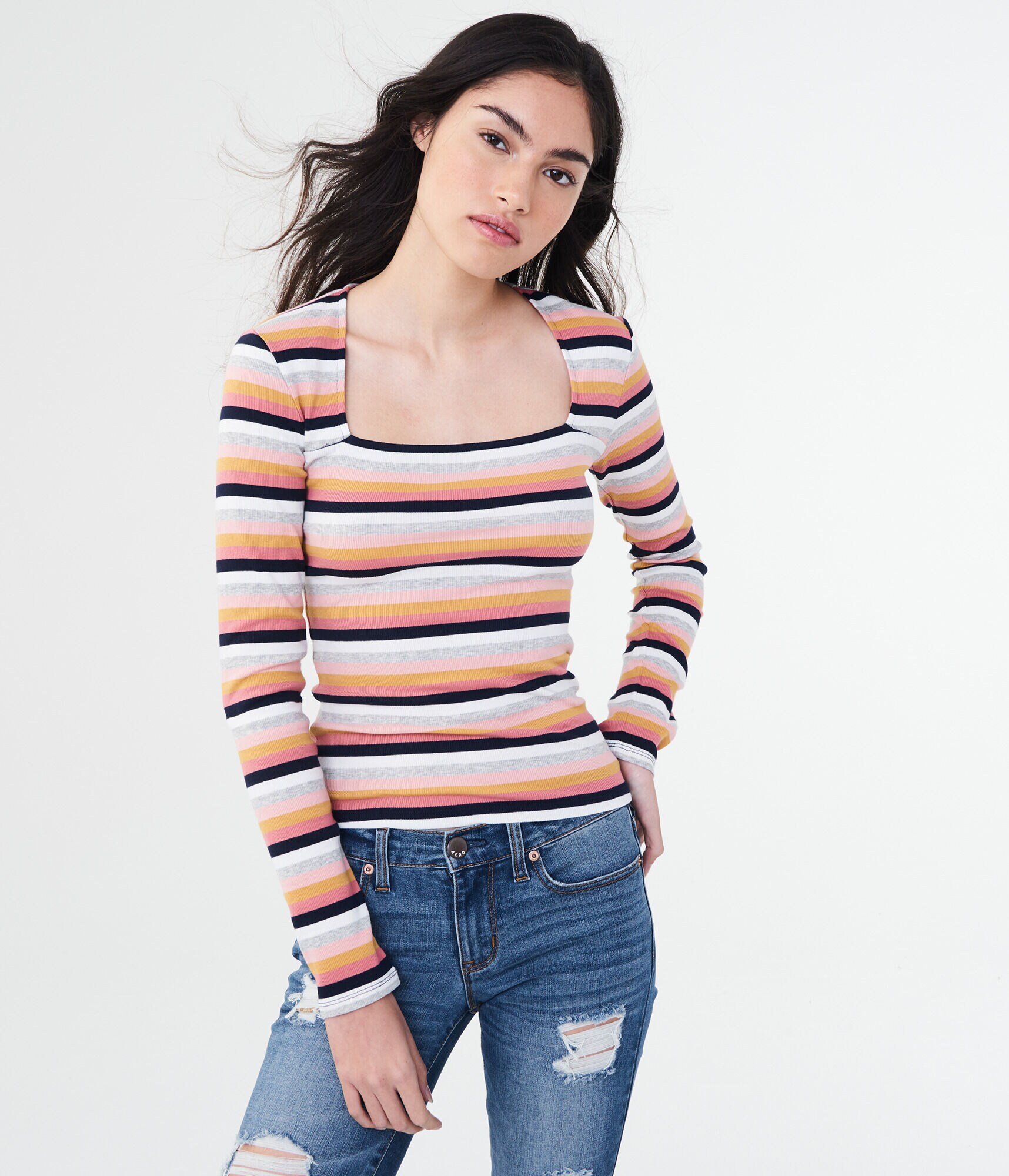 Long Sleeve Striped Square-Neck Bodycon Top
