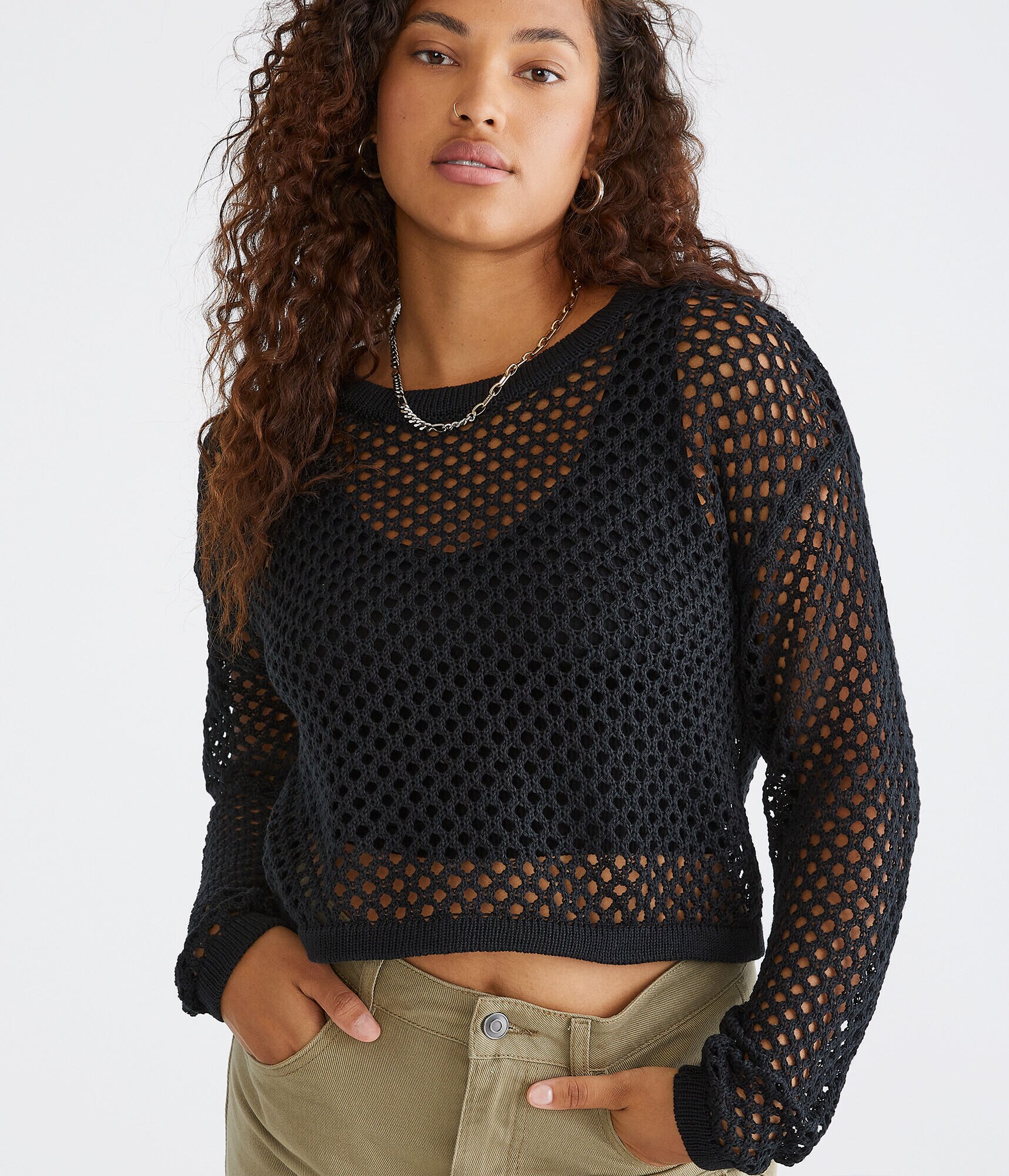 Mesh Cropped Crew Sweater