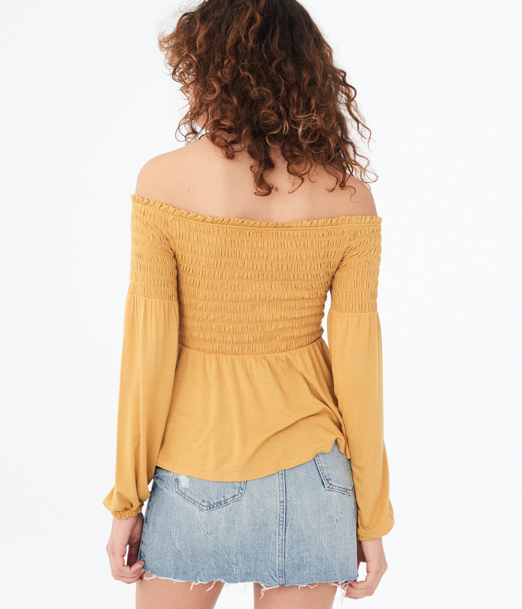 Long Sleeve Solid Smocked Off-The-Shoulder Top