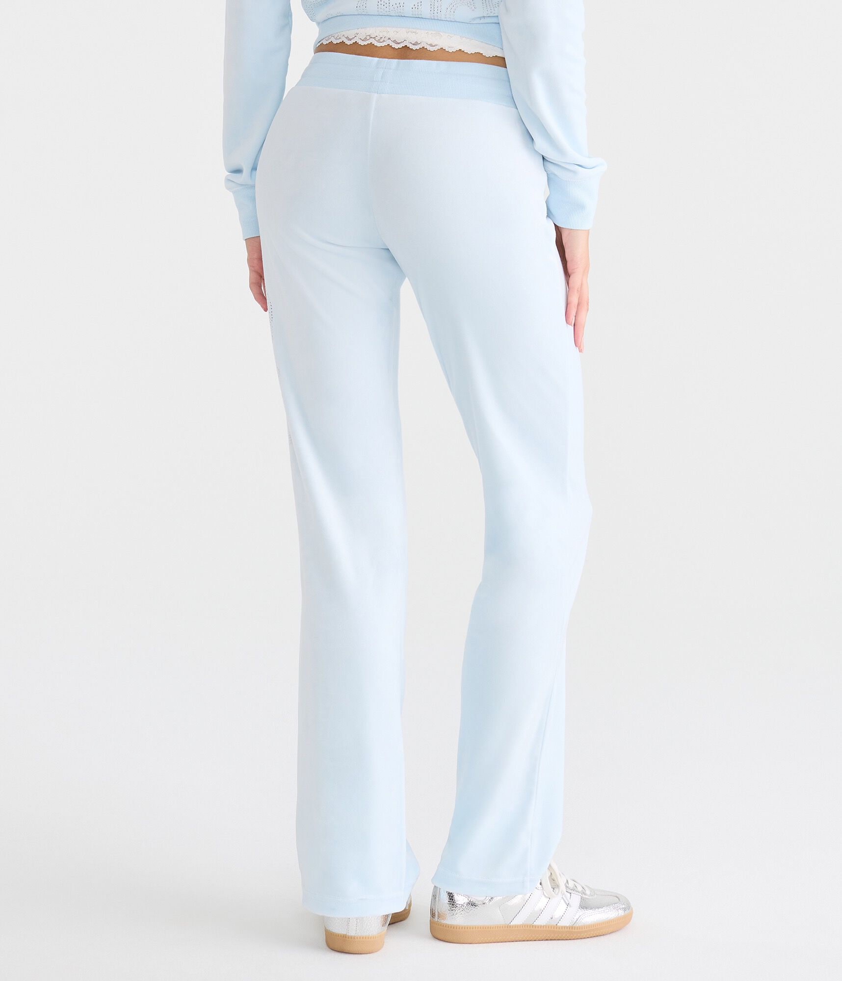 Von Dutch Rhinestone Logo Low-Rise Velour Flare Leg Pants