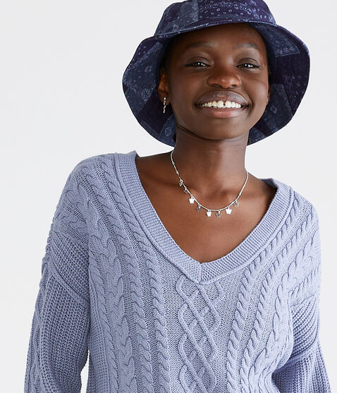 Slouchy Cable-Knit Cropped V-Neck Sweater
