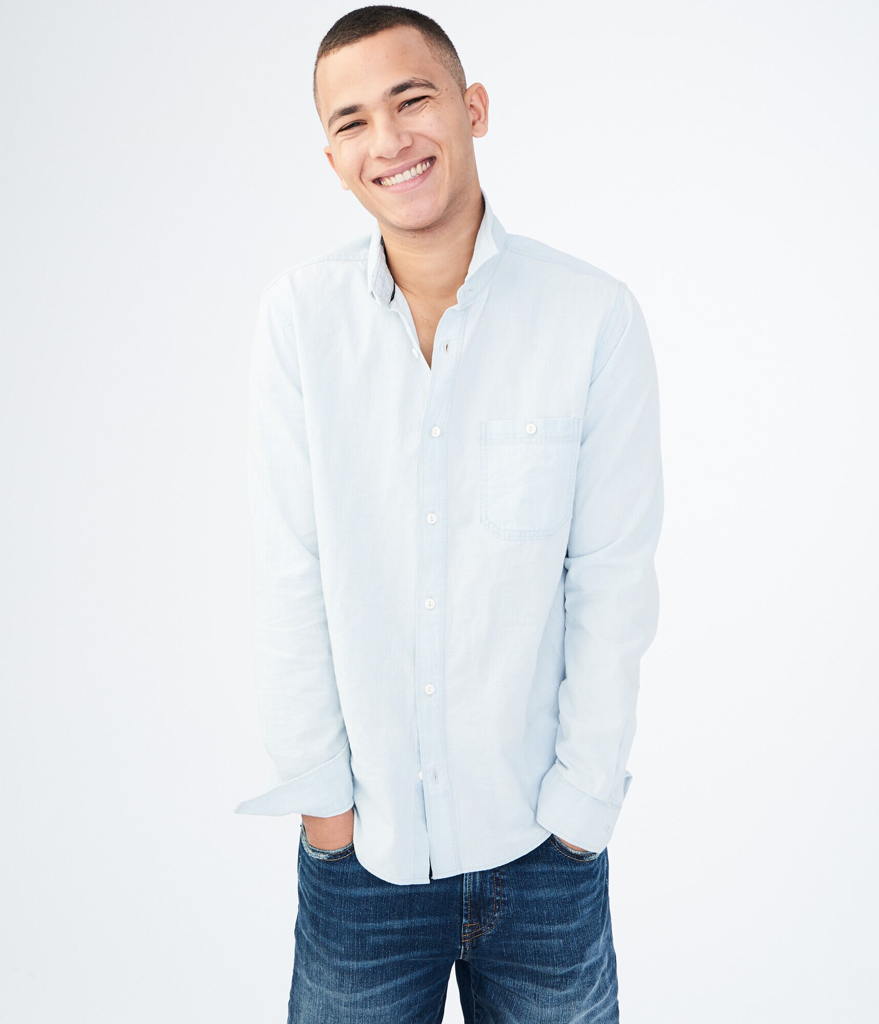 Long Sleeve Bleach Wash Chambray Woven Shirt