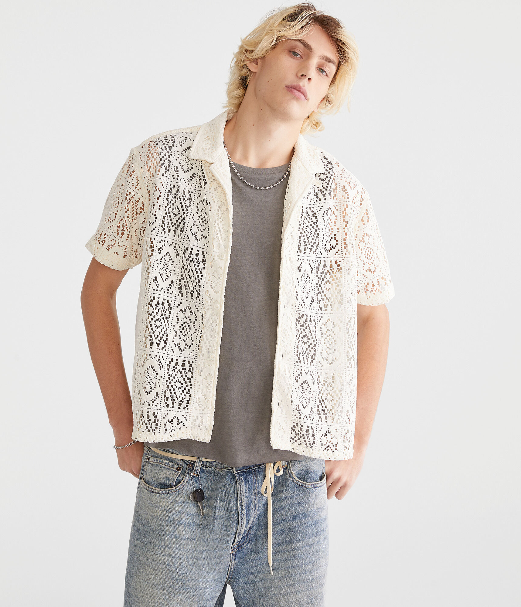 Short Sleeve Lace Boxy Camp Shirt